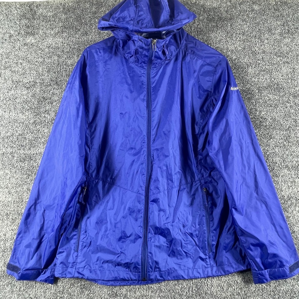Columbia Windbreaker Jacket Womens XL Blue Hooded Full Zip Lightweight Hiking